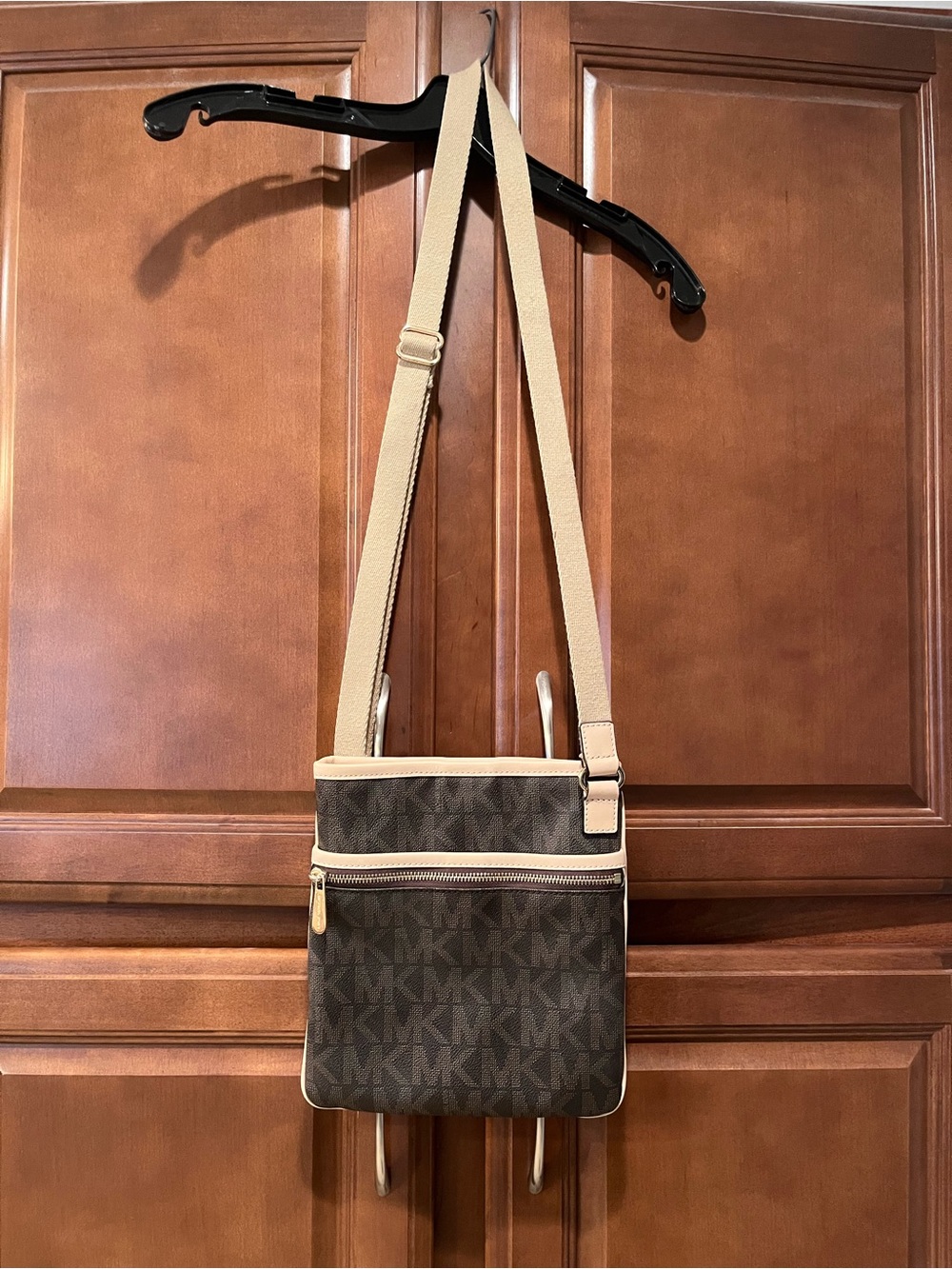 Michael Kors Signature Crossbody Bag Brown MK Monogram Canvas Tan Leather Trim